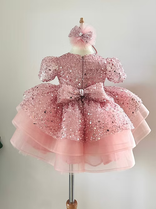 Pink Sequin Princess Party Dress | Luxury Birthday & Wedding Outfit with Bow