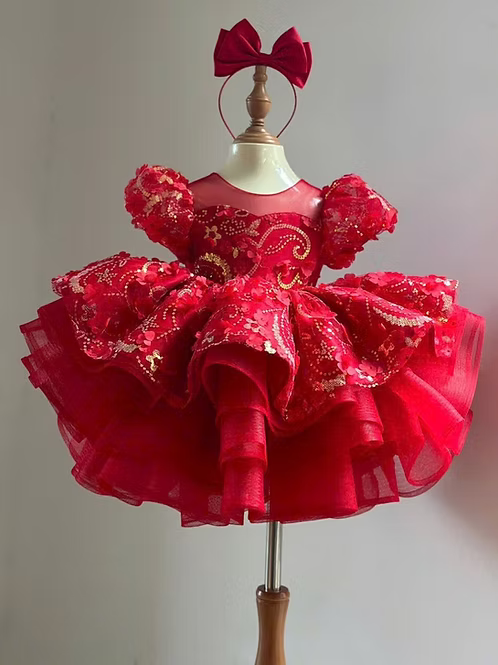 Red Sequin Princess Party Dress | Luxury Birthday & Wedding Outfit with Bow
