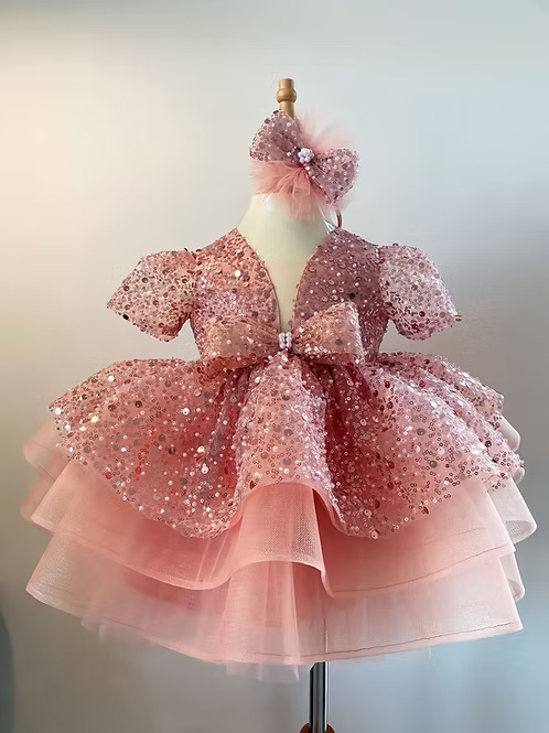 Pink Sequin Princess Party Dress | Luxury Birthday & Wedding Outfit with Bow