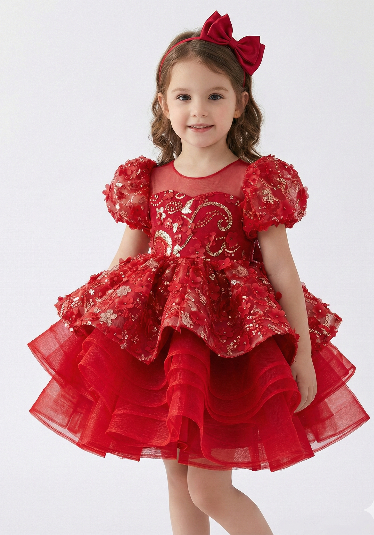 Red Sequin Princess Party Dress | Luxury Birthday & Wedding Outfit with Bow