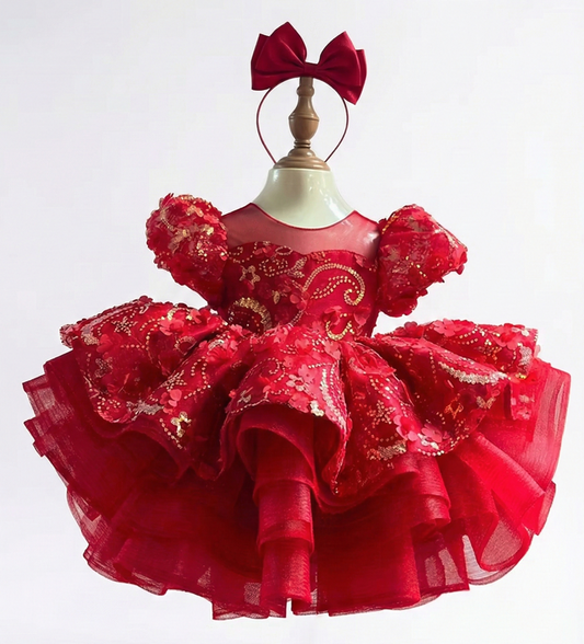 Red Sequin Princess Party Dress | Luxury Birthday & Wedding Outfit with Bow